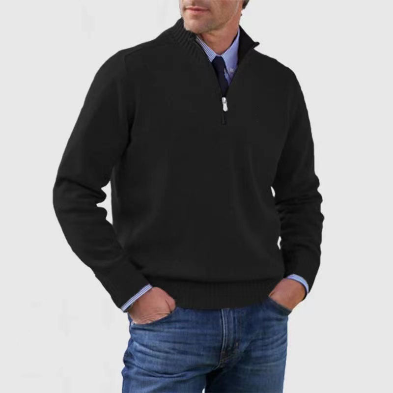 Men's Stand Collar Zipper Sweater Winter Fashion Solid Color Long Sleeve Knitted Top Clothing