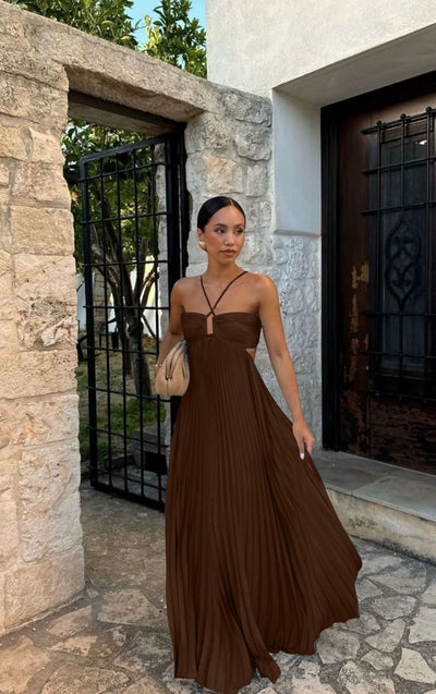 Ins Pleated Sleeveless Sling Dress Hollow High Waist Halter Robe Dresses For Evening Party Club Clothing Women