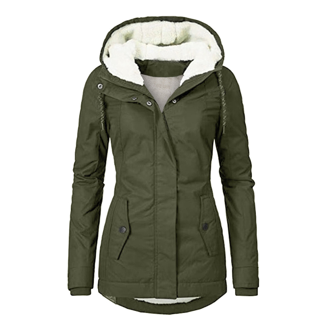 Winter Hooded Jacket Solid Color Warm Buckle Zip-up Fleece Jacket With Pockets Women's Casual Jacket